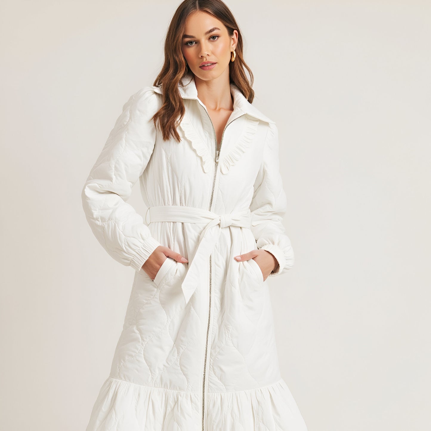 Quilted Longline Coat with Ruffle Trim and Tie Waist Belt