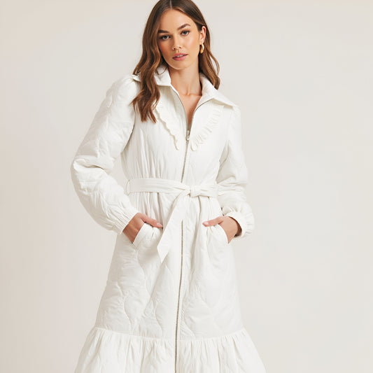 Quilted Longline Coat with Ruffle Trim and Tie Waist Belt