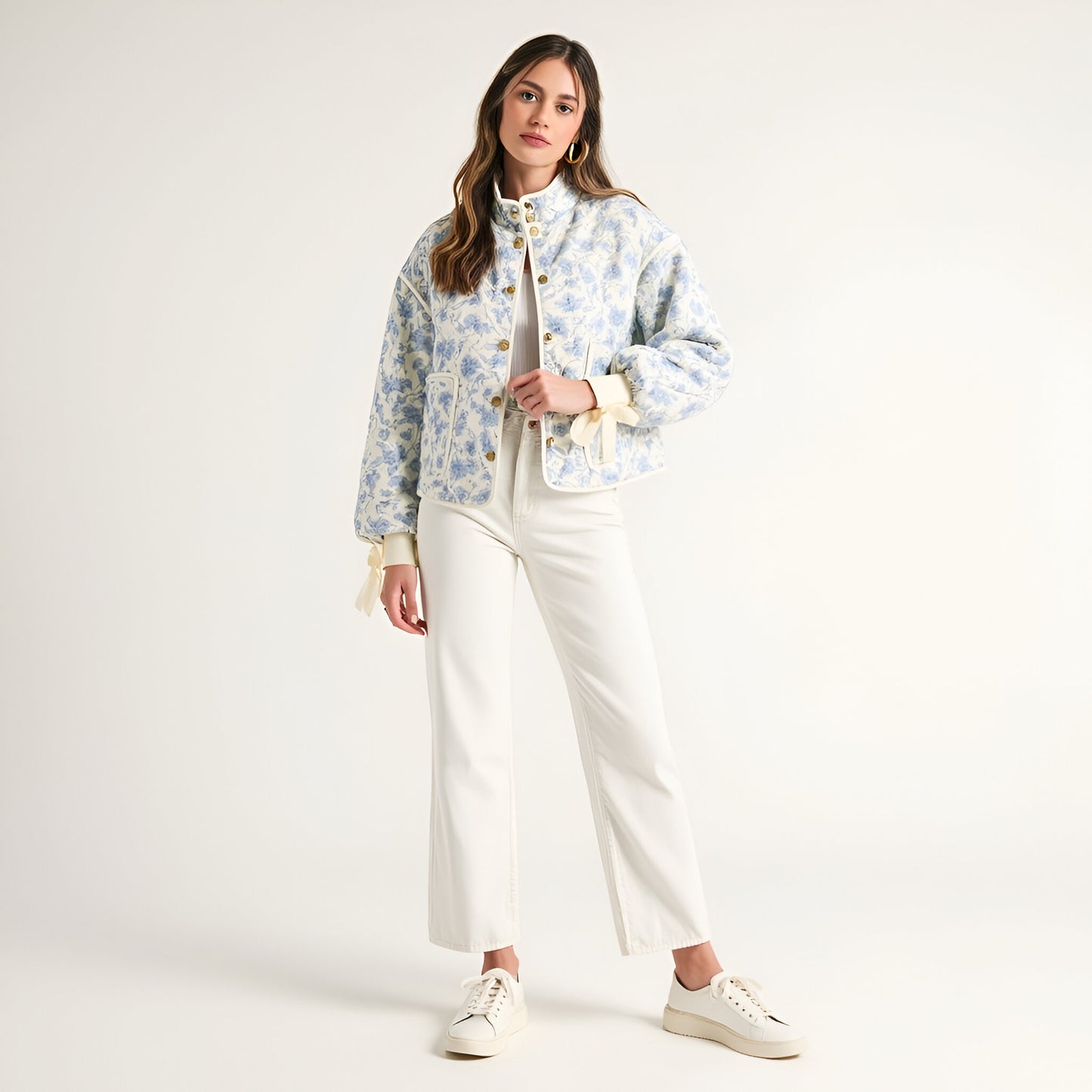 Floral Quilted Jacket with Puff Sleeves and Satin Bow Cuffs