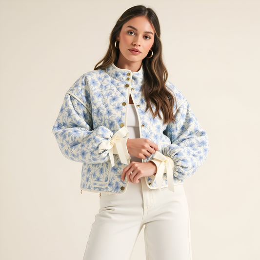 Floral Quilted Jacket with Puff Sleeves and Satin Bow Cuffs
