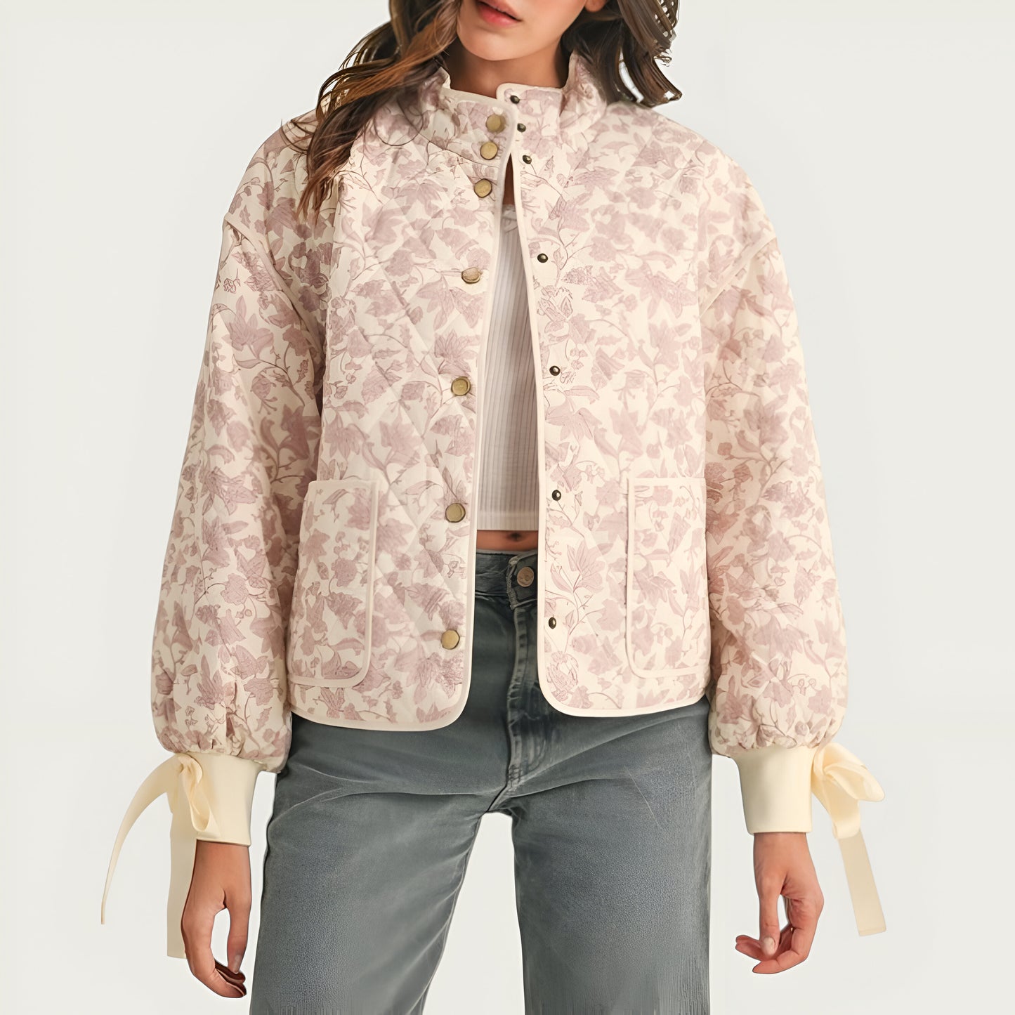 Floral Quilted Jacket with Puff Sleeves and Satin Bow Cuffs
