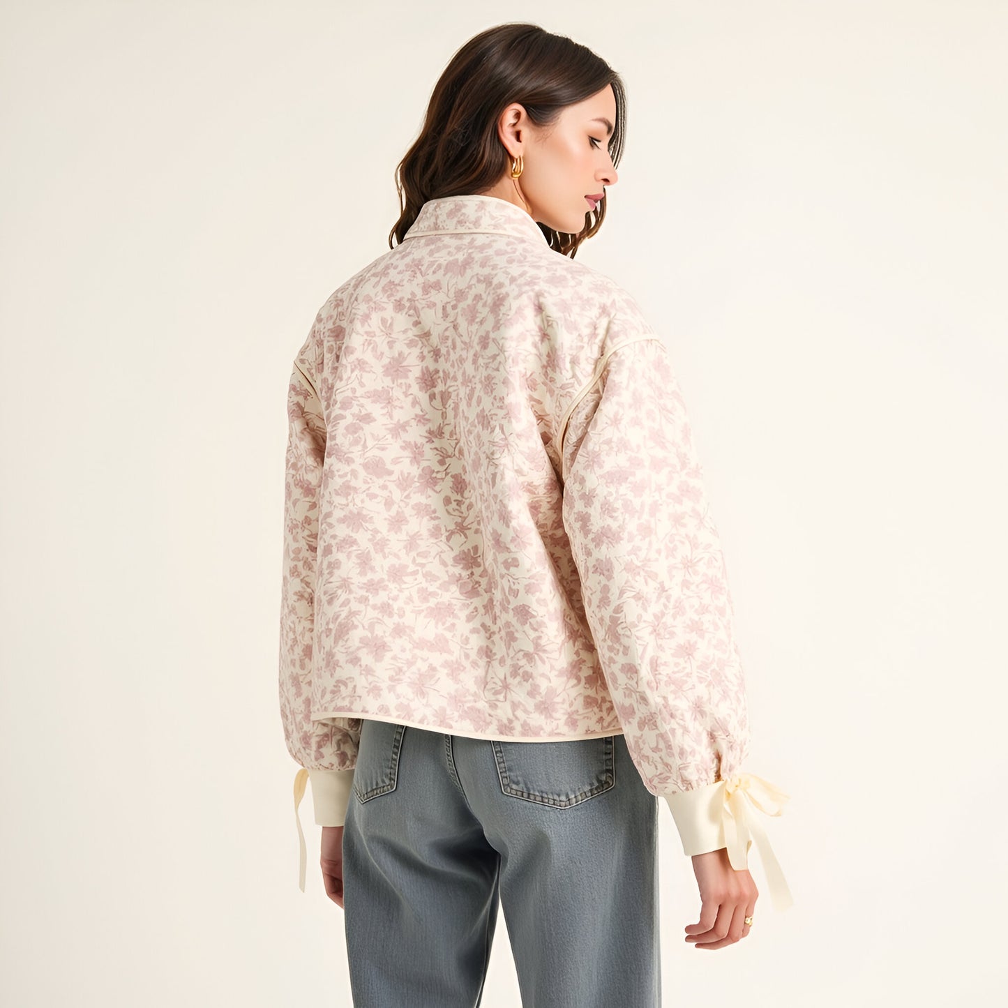 Floral Quilted Jacket with Puff Sleeves and Satin Bow Cuffs