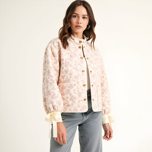 Floral Quilted Jacket with Puff Sleeves and Satin Bow Cuffs