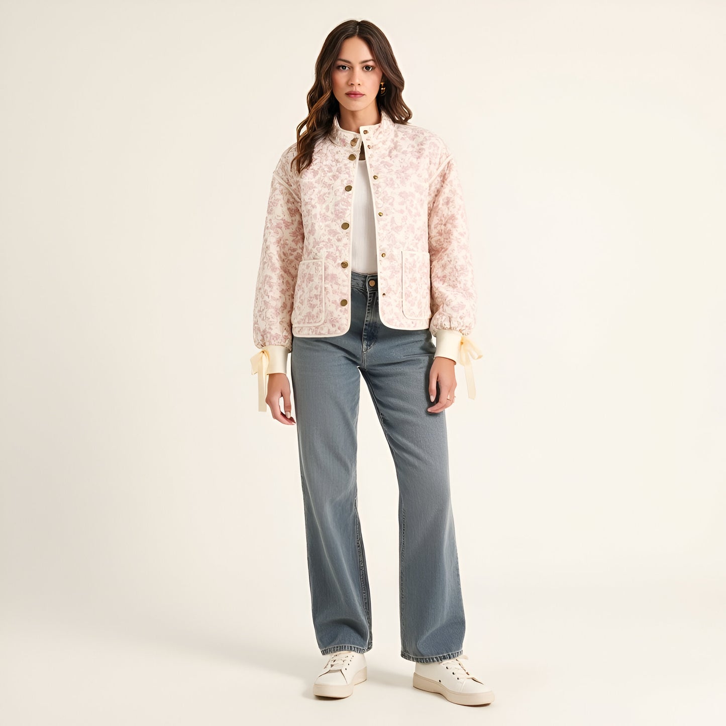 Floral Quilted Jacket with Puff Sleeves and Satin Bow Cuffs