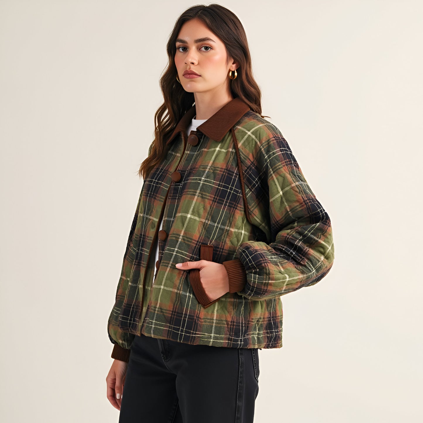 Plaid Quilted Jacket with Corduroy Collar and Button Front Closure