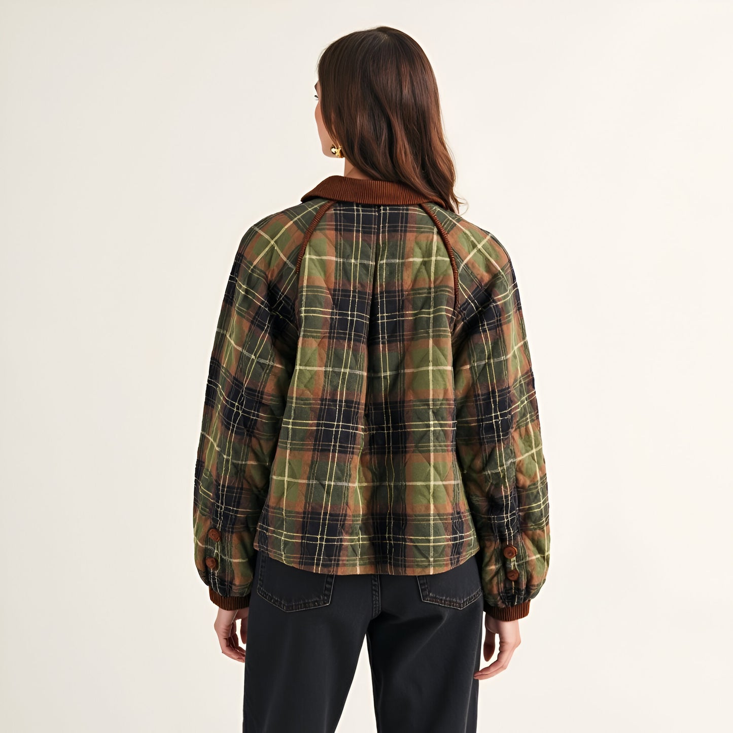 Plaid Quilted Jacket with Corduroy Collar and Button Front Closure