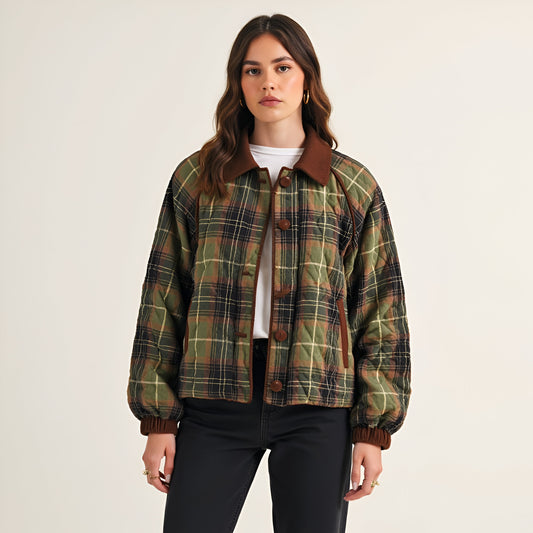 Plaid Quilted Jacket with Corduroy Collar and Button Front Closure