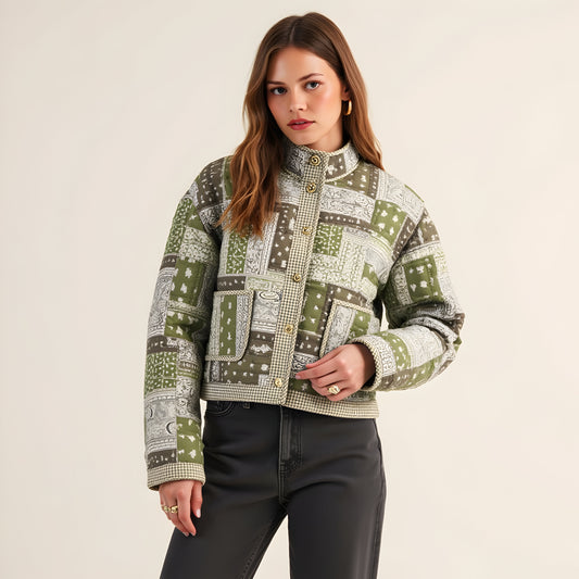 Patchwork Quilted Jacket with Bandana Print, Gingham Trim and Gold Buttons