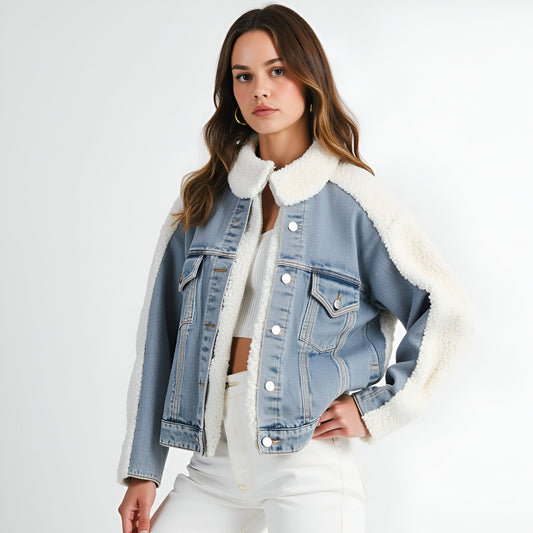 Denim Jacket with Faux Shearling Collar and Contrast Trim
