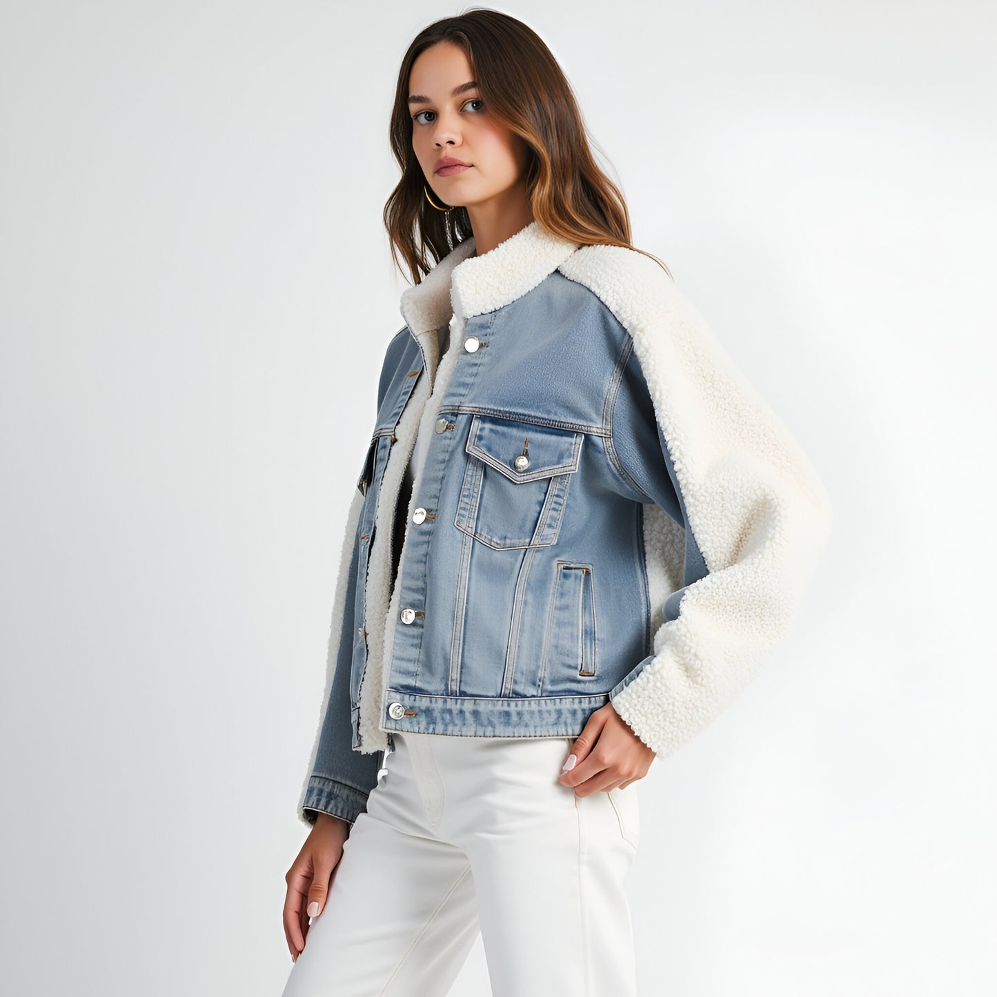 Denim Jacket with Faux Shearling Collar and Contrast Trim