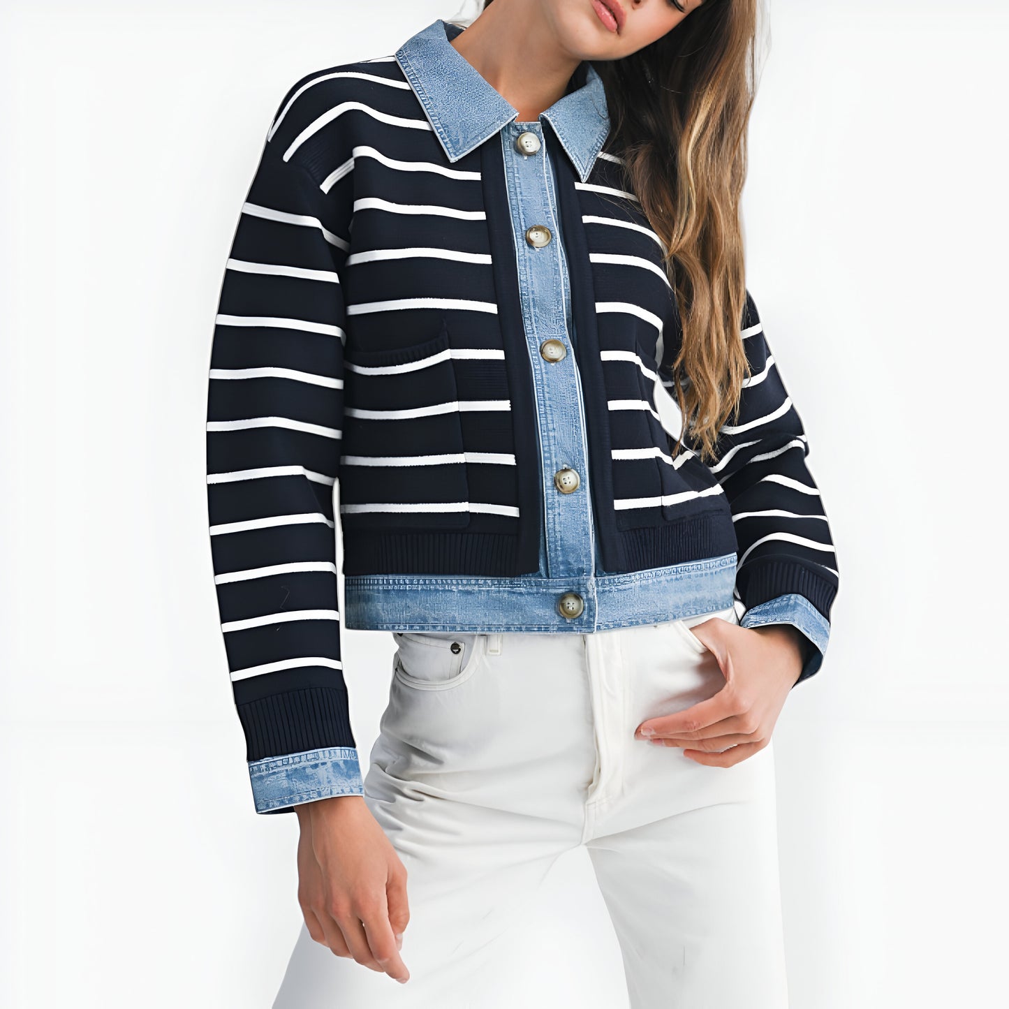Striped Cardigan with Denim Collar, Contrast Button Front and Patch Pocket