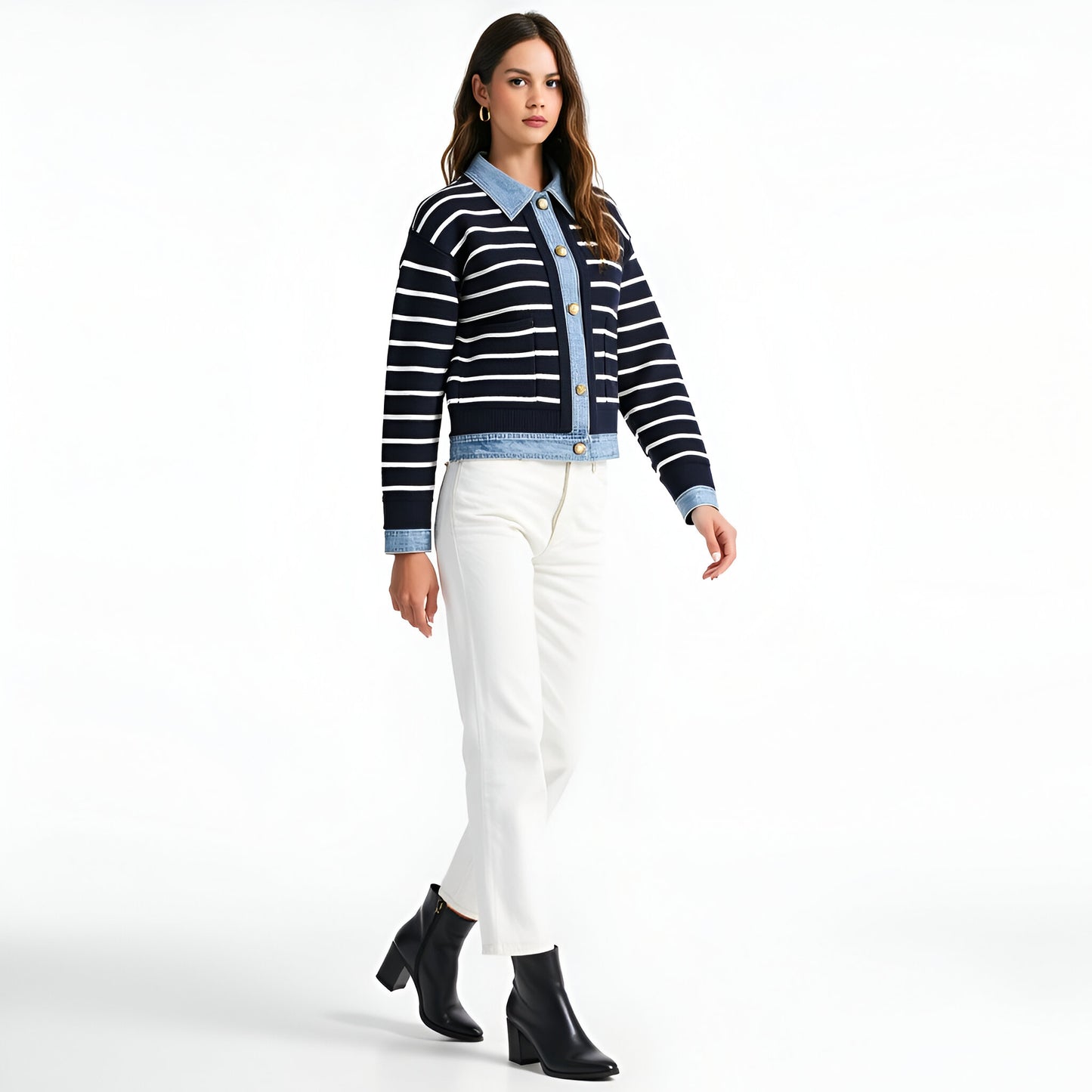 Striped Cardigan with Denim Collar, Contrast Button Front and Patch Pocket