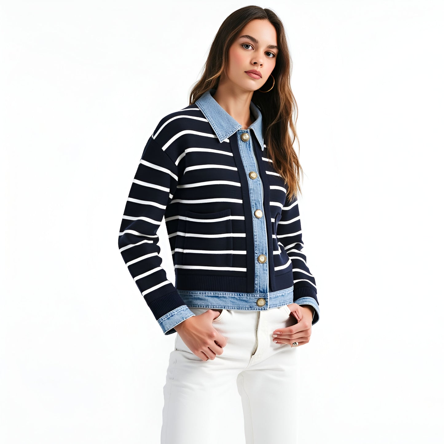 Striped Cardigan with Denim Collar, Contrast Button Front and Patch Pocket