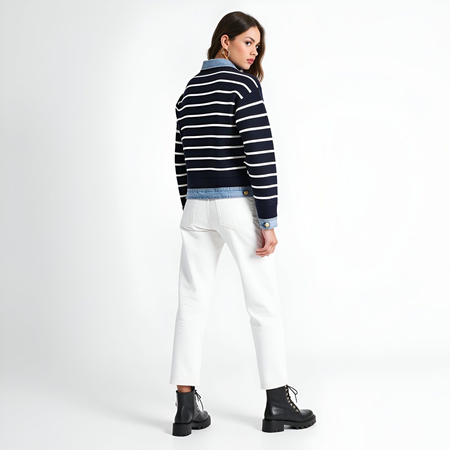 Striped Cardigan with Denim Collar, Contrast Button Front and Patch Pocket