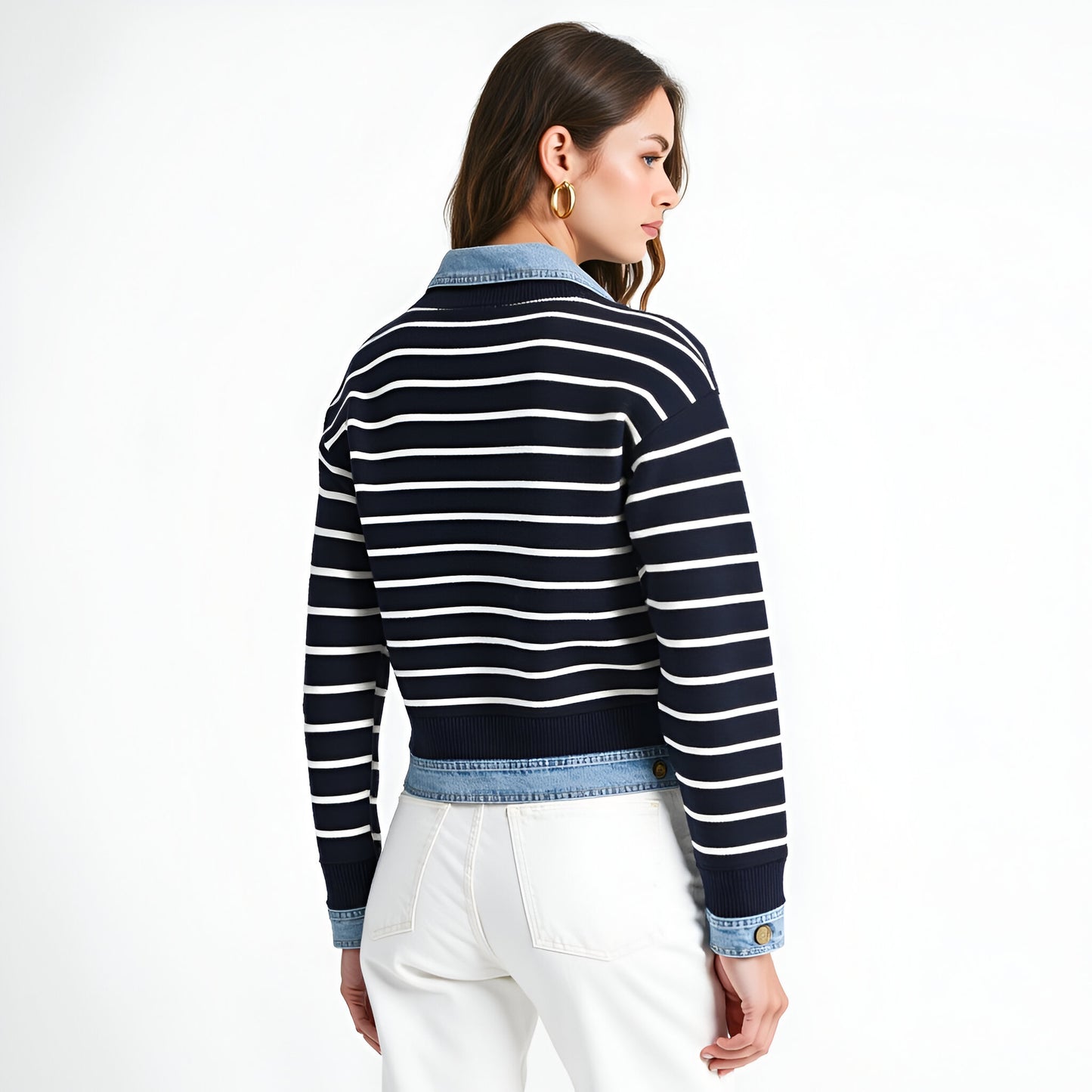 Striped Cardigan with Denim Collar, Contrast Button Front and Patch Pocket