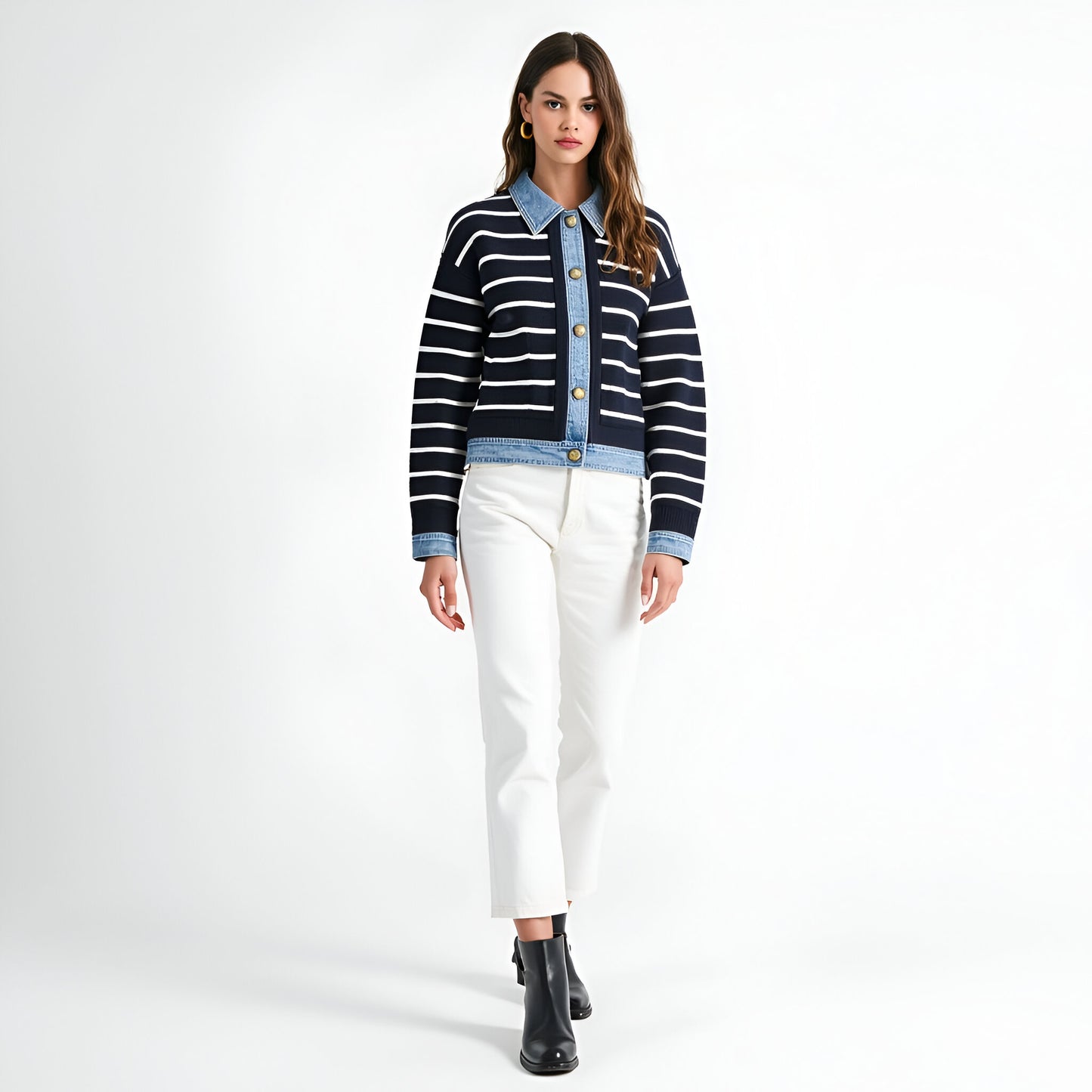 Striped Cardigan with Denim Collar, Contrast Button Front and Patch Pocket