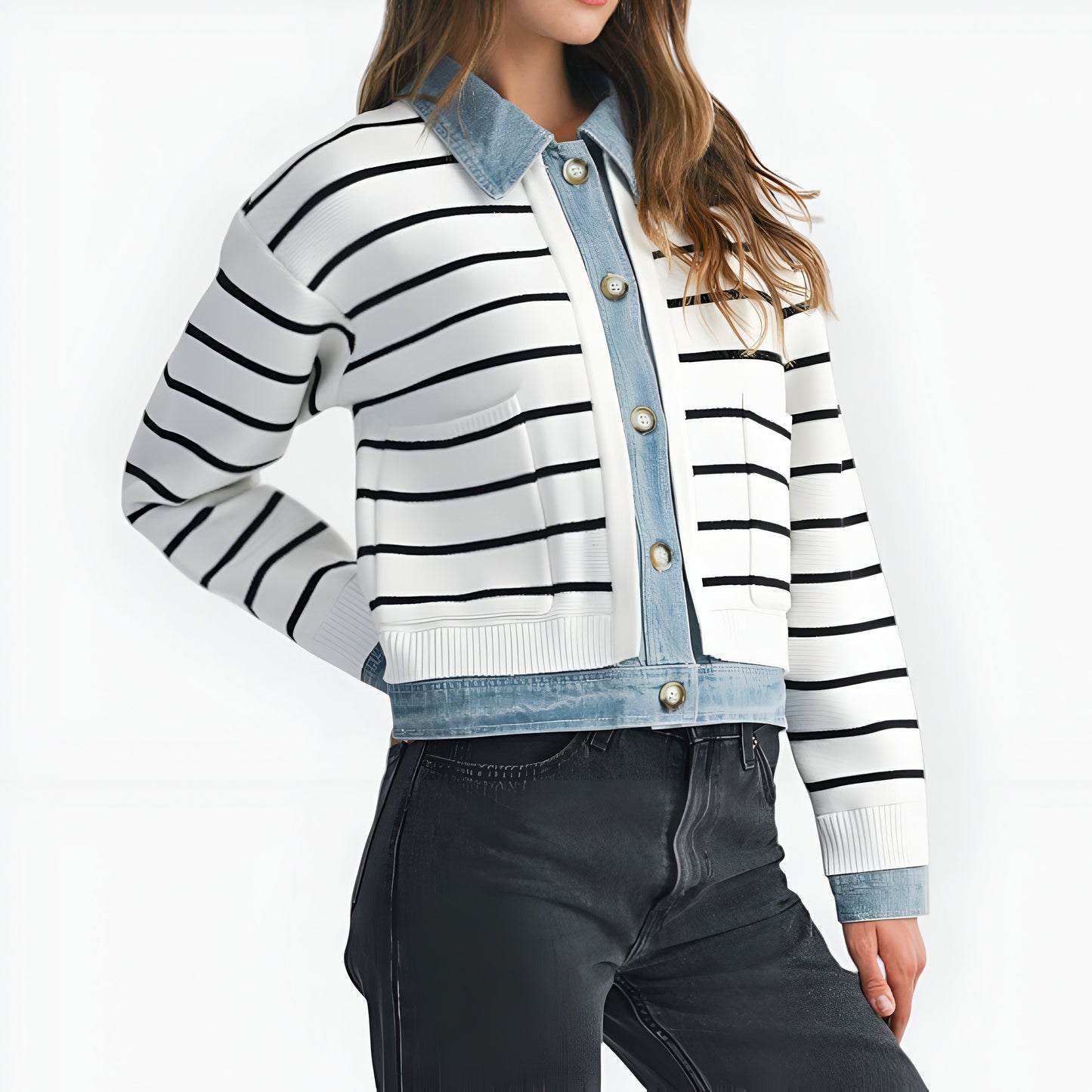 Striped Cardigan with Denim Collar, Contrast Button Front and Patch Pocket