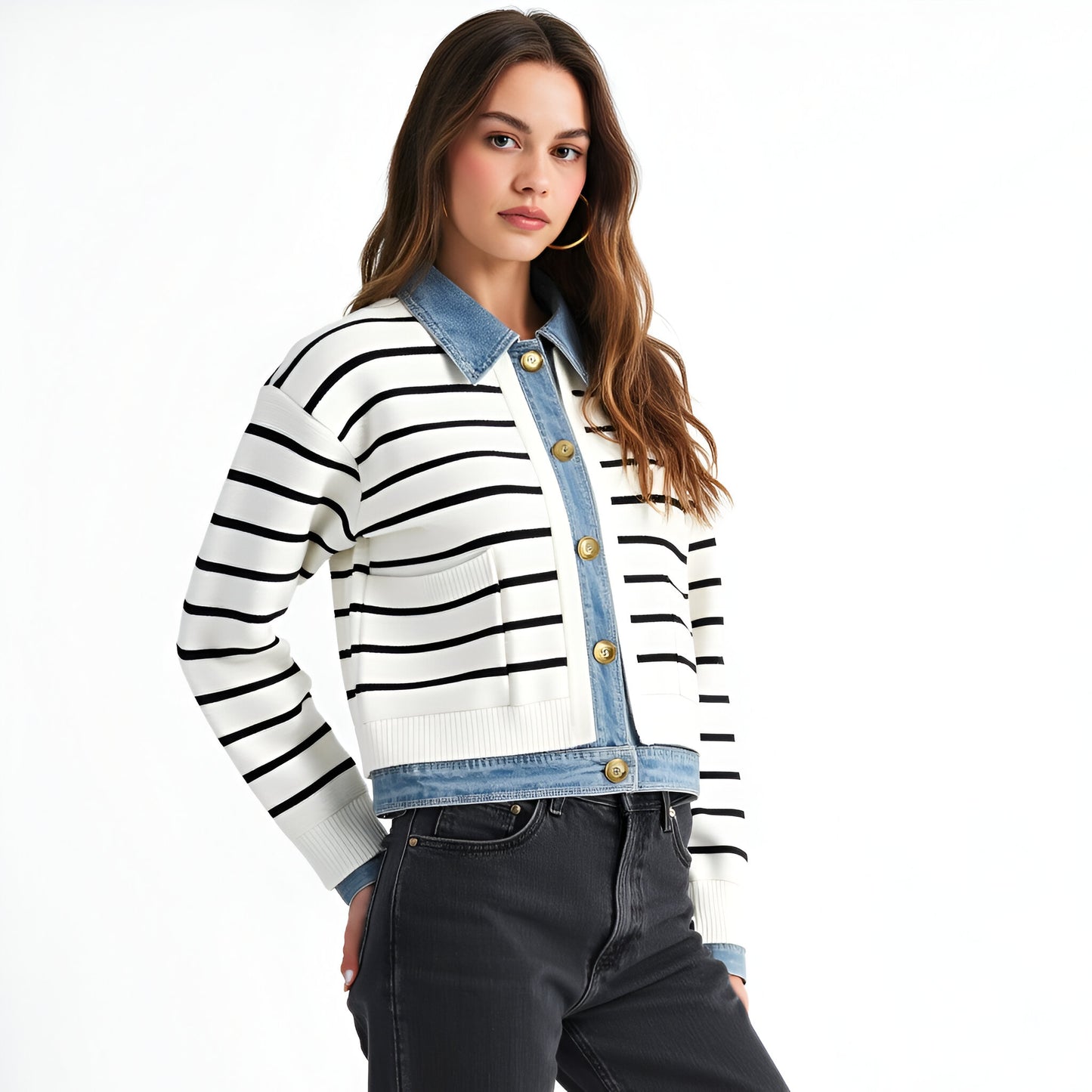 Striped Cardigan with Denim Collar, Contrast Button Front and Patch Pocket