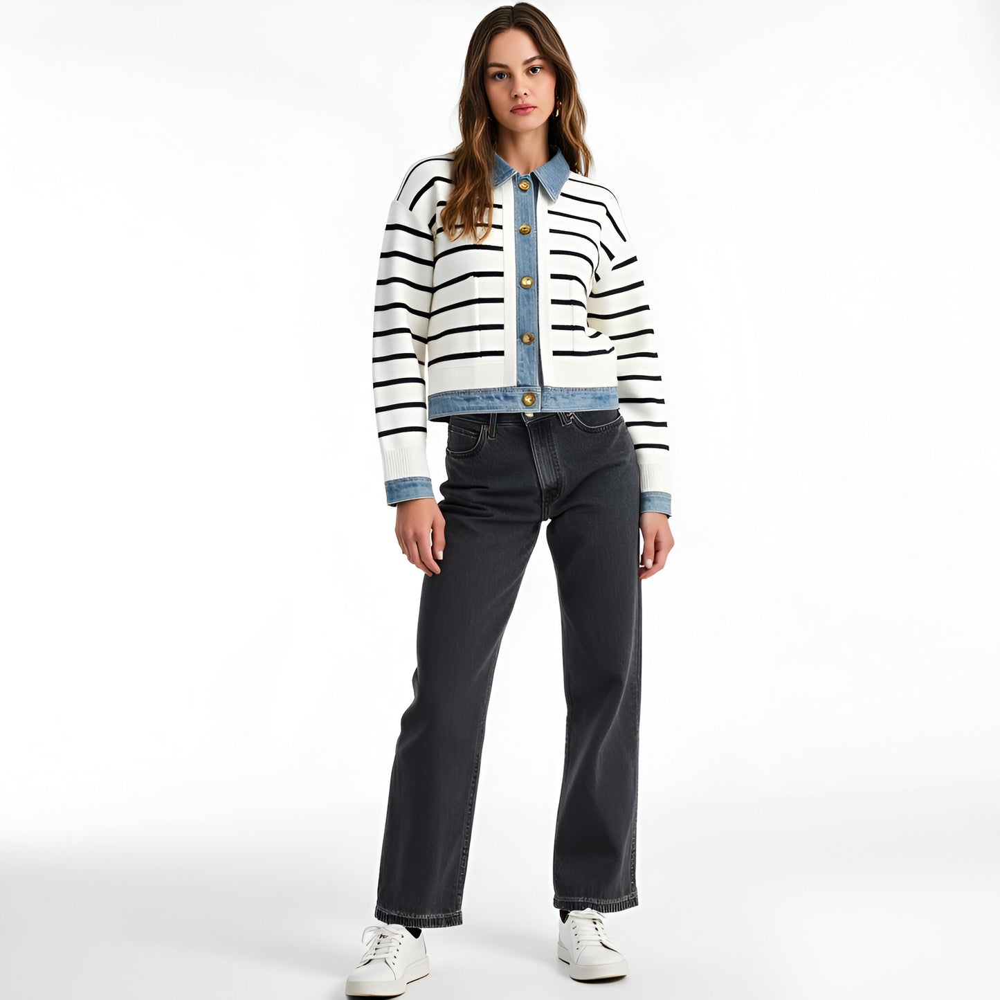 Striped Cardigan with Denim Collar, Contrast Button Front and Patch Pocket