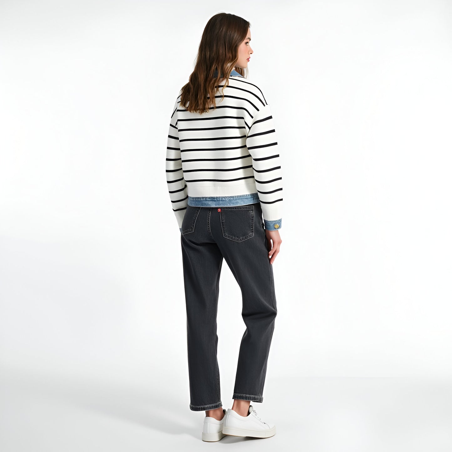 Striped Cardigan with Denim Collar, Contrast Button Front and Patch Pocket