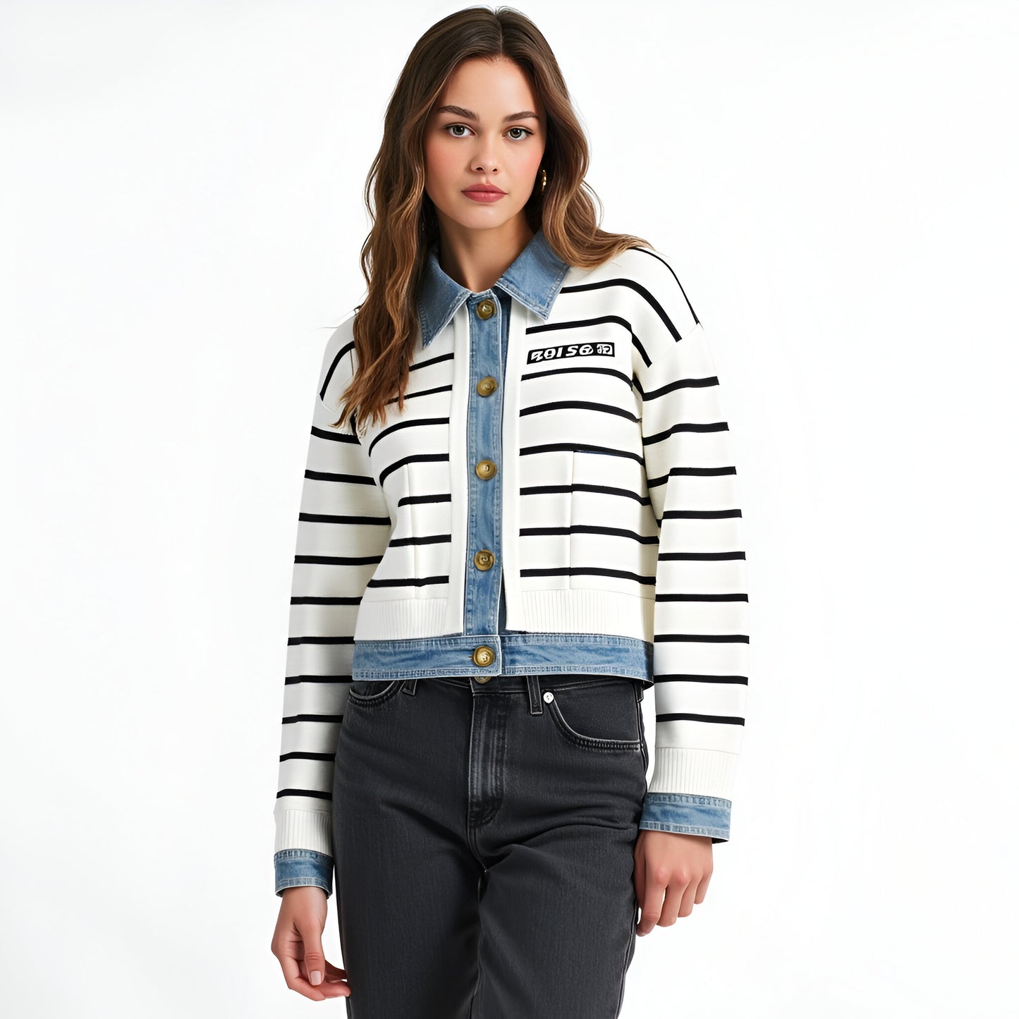 Striped Cardigan with Denim Collar, Contrast Button Front and Patch Pocket