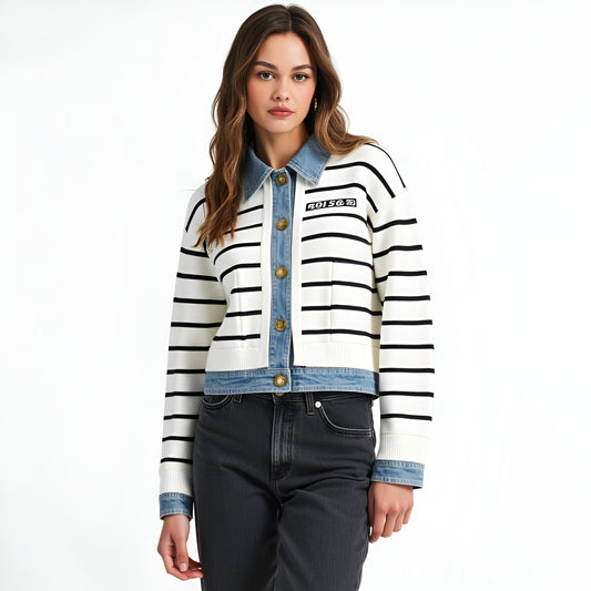 Striped Cardigan with Denim Collar, Contrast Button Front and Patch Pocket