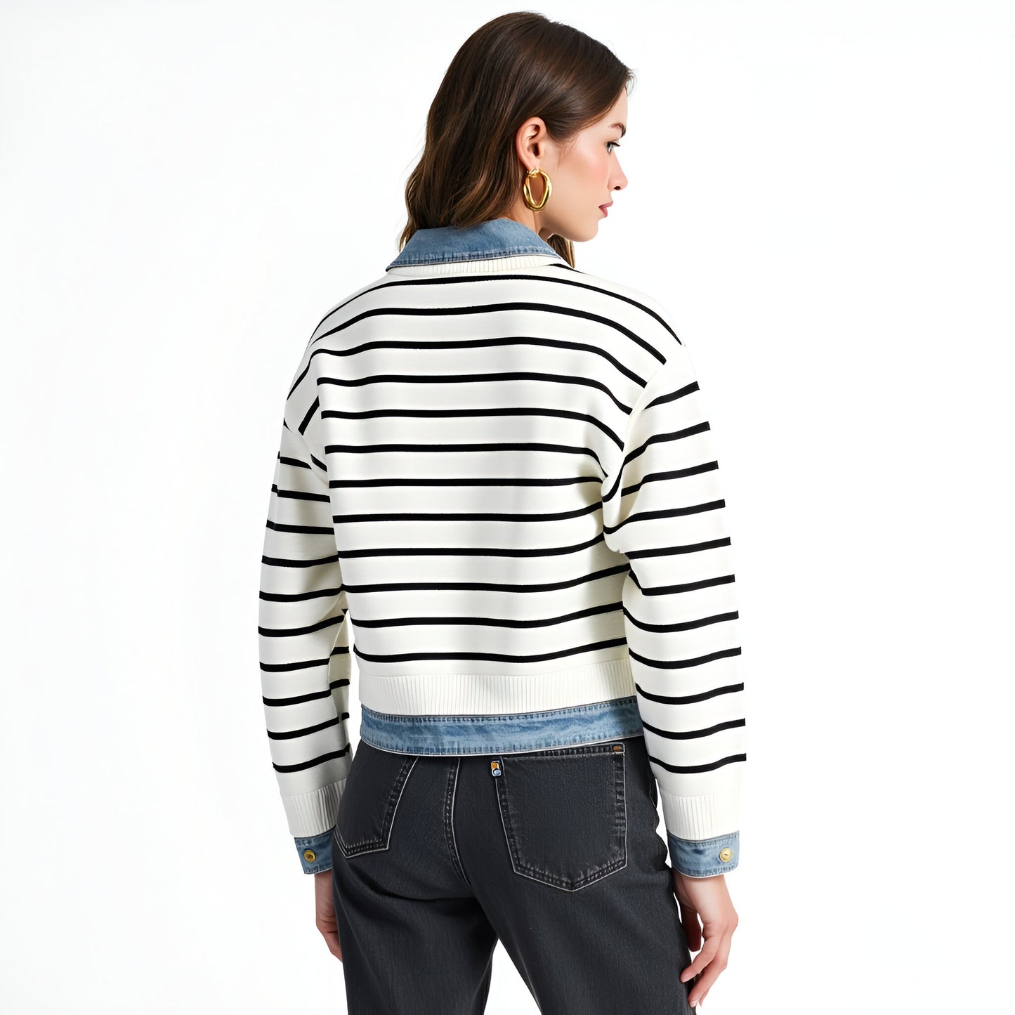 Striped Cardigan with Denim Collar, Contrast Button Front and Patch Pocket