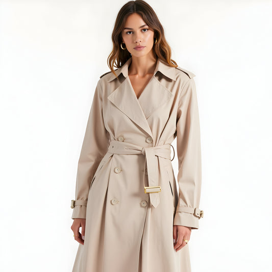 Double-Breasted Trench Coat with Waist Tie, Epaulettes and Belted Cuffs