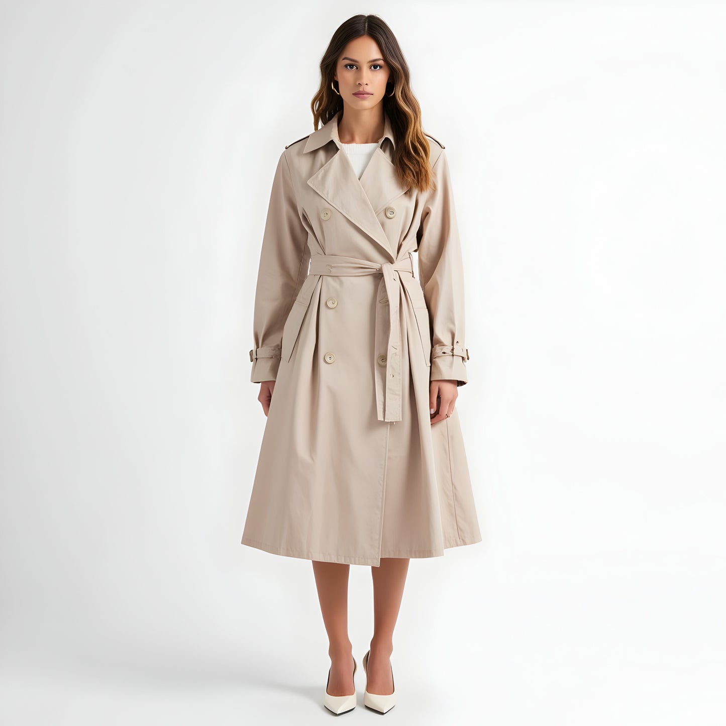 Double-Breasted Trench Coat with Waist Tie, Epaulettes and Belted Cuffs