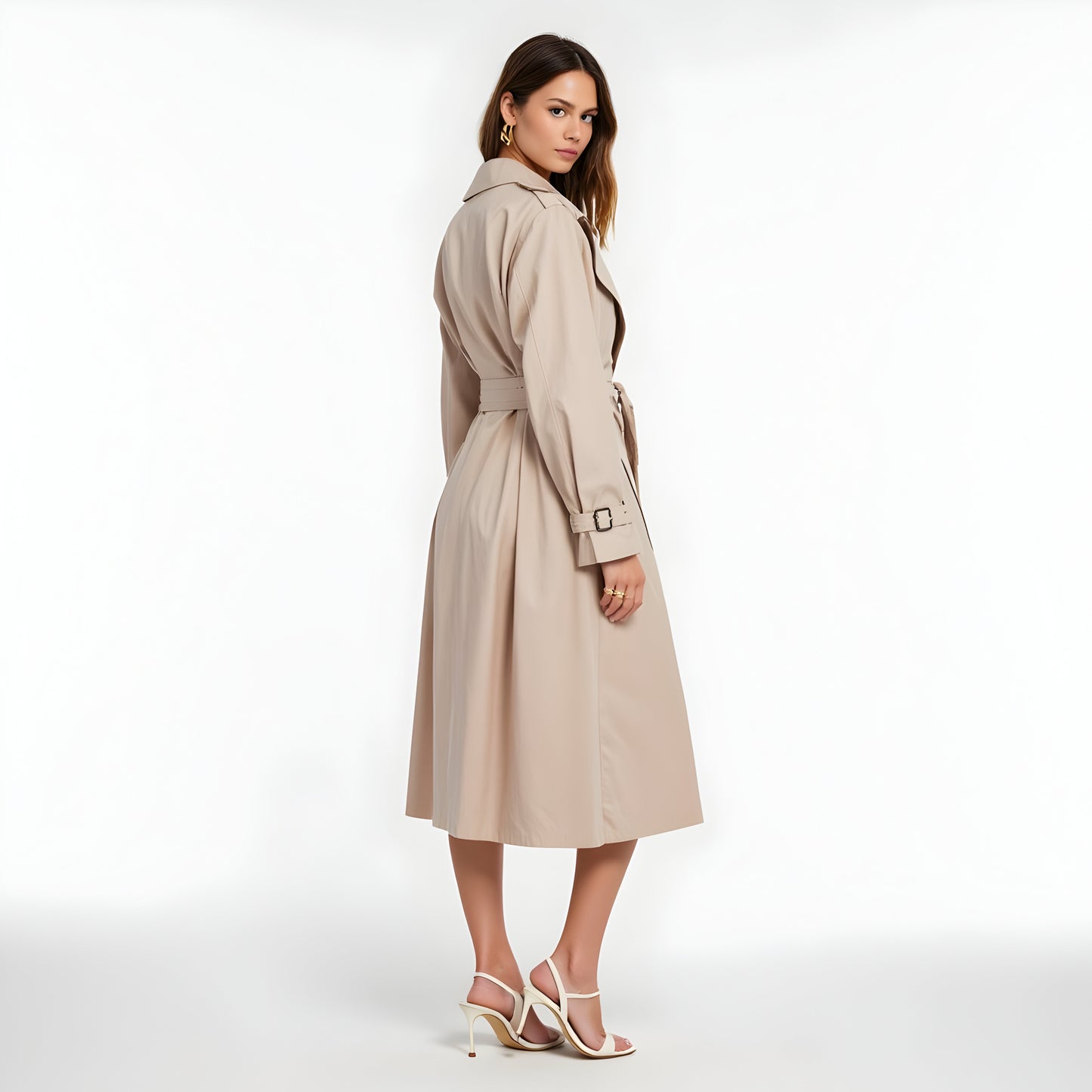 Double-Breasted Trench Coat with Waist Tie, Epaulettes and Belted Cuffs