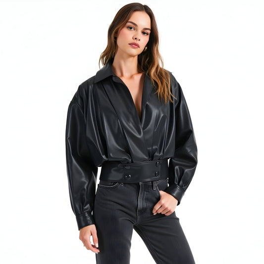 Faux Leather Surplice Jacket with Buttoned Waistband and Collar