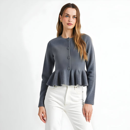 Button Front Peplum Cardigan with Round Neckline and Structured Fit