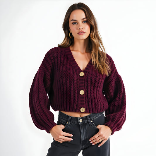 Chunky Knit Cropped Cardigan with Balloon Sleeves and Wood Buttons