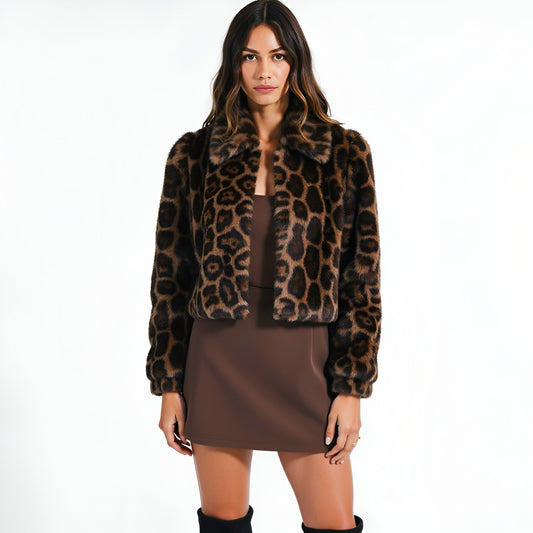 Leopard Print Faux Fur Jacket with Wide Collar and Puff Shoulders