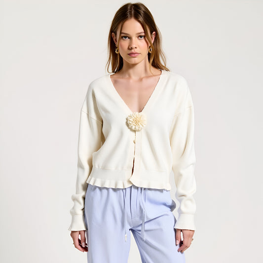 V-Neck Knit Cardigan with Flower Appliqué and Relaxed Fit