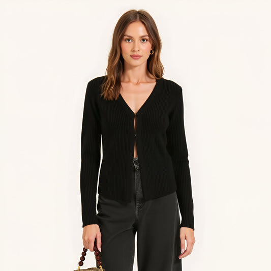 Ribbed Knit V-Neck Cardigan with Long Sleeves and Fitted Shape