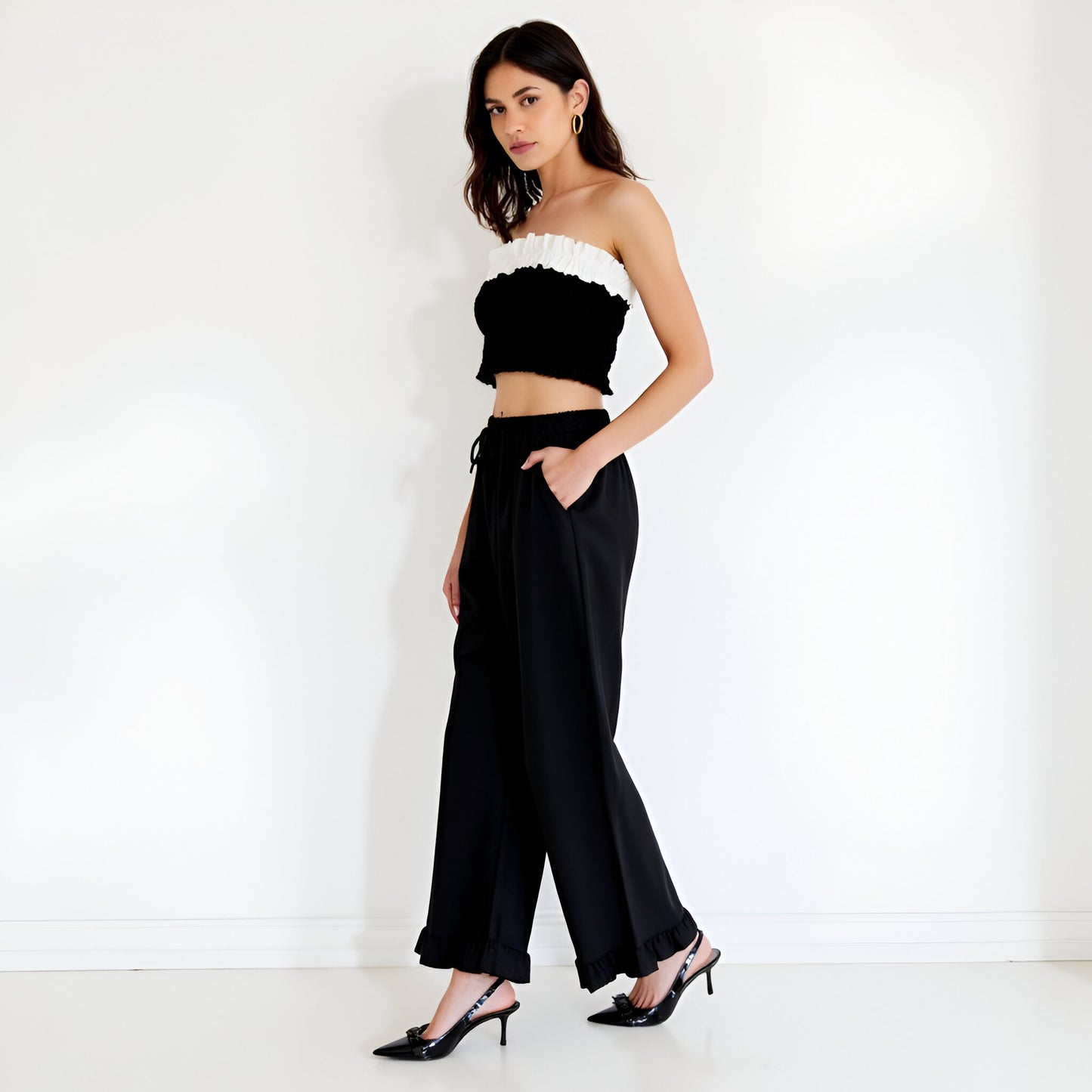 Wide Leg Drawstring Pants with Ruffle Hem