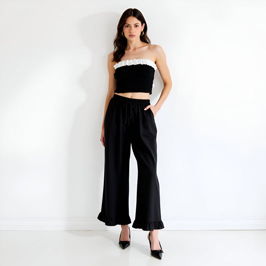 Wide Leg Drawstring Pants with Ruffle Hem
