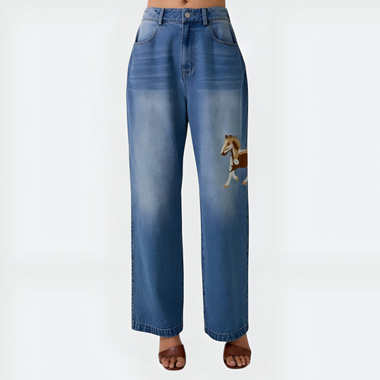Wide-Leg Denim Jeans with Embroidered Horse Detail and Faded Finish