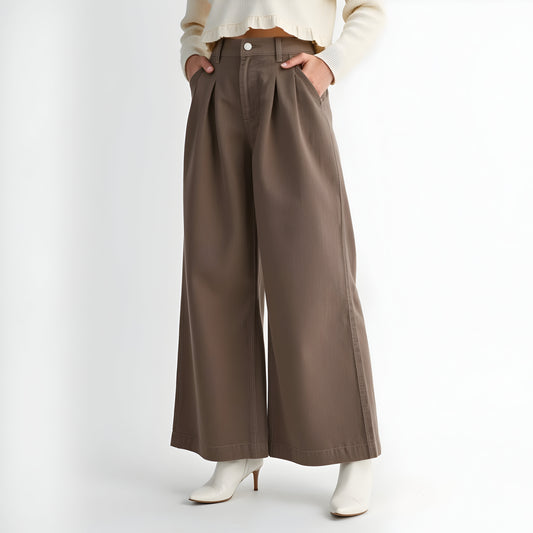 High Waist Wide-Leg Pants with Front Pleats and Side Pockets