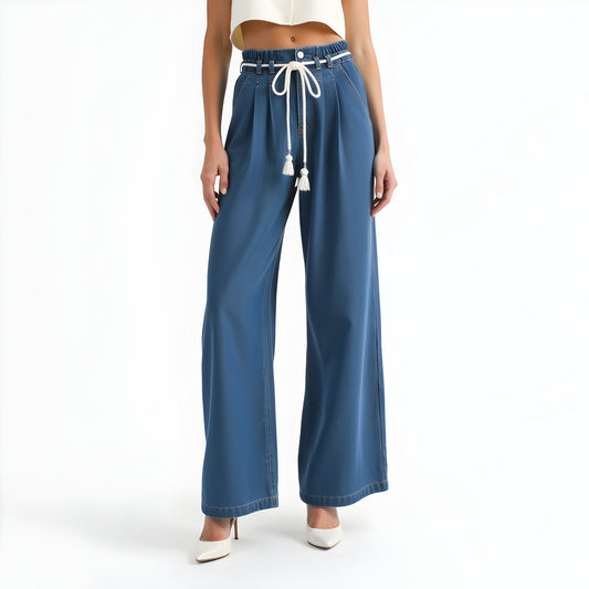 Wide Leg Denim Pants with Tassel Drawstring Waist and Pleat Detail
