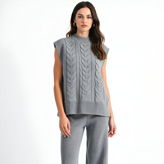 Cable Knit Cap Sleeve Sweater Vest and Wide-Leg Pants Set