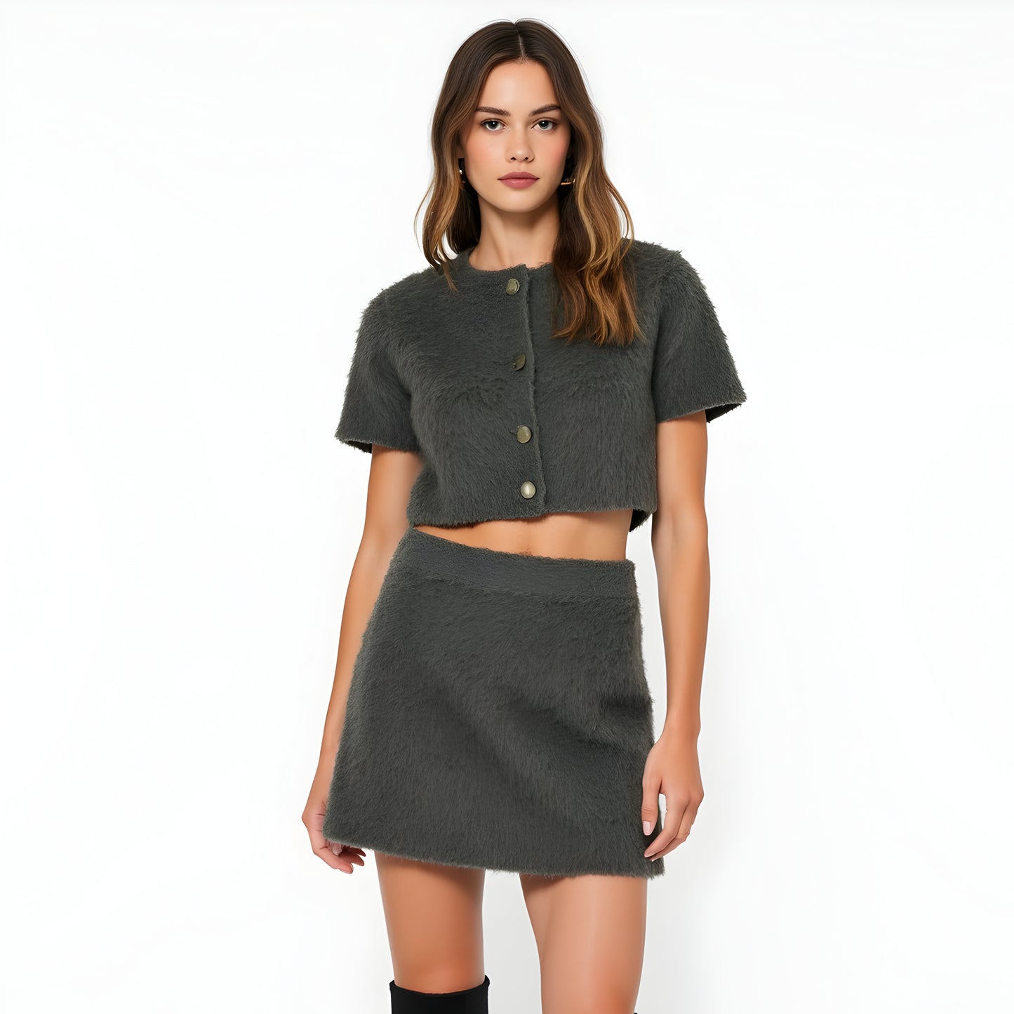 Fuzzy Knit Crop Top and Mini Skirt Set with Button Front Detail
