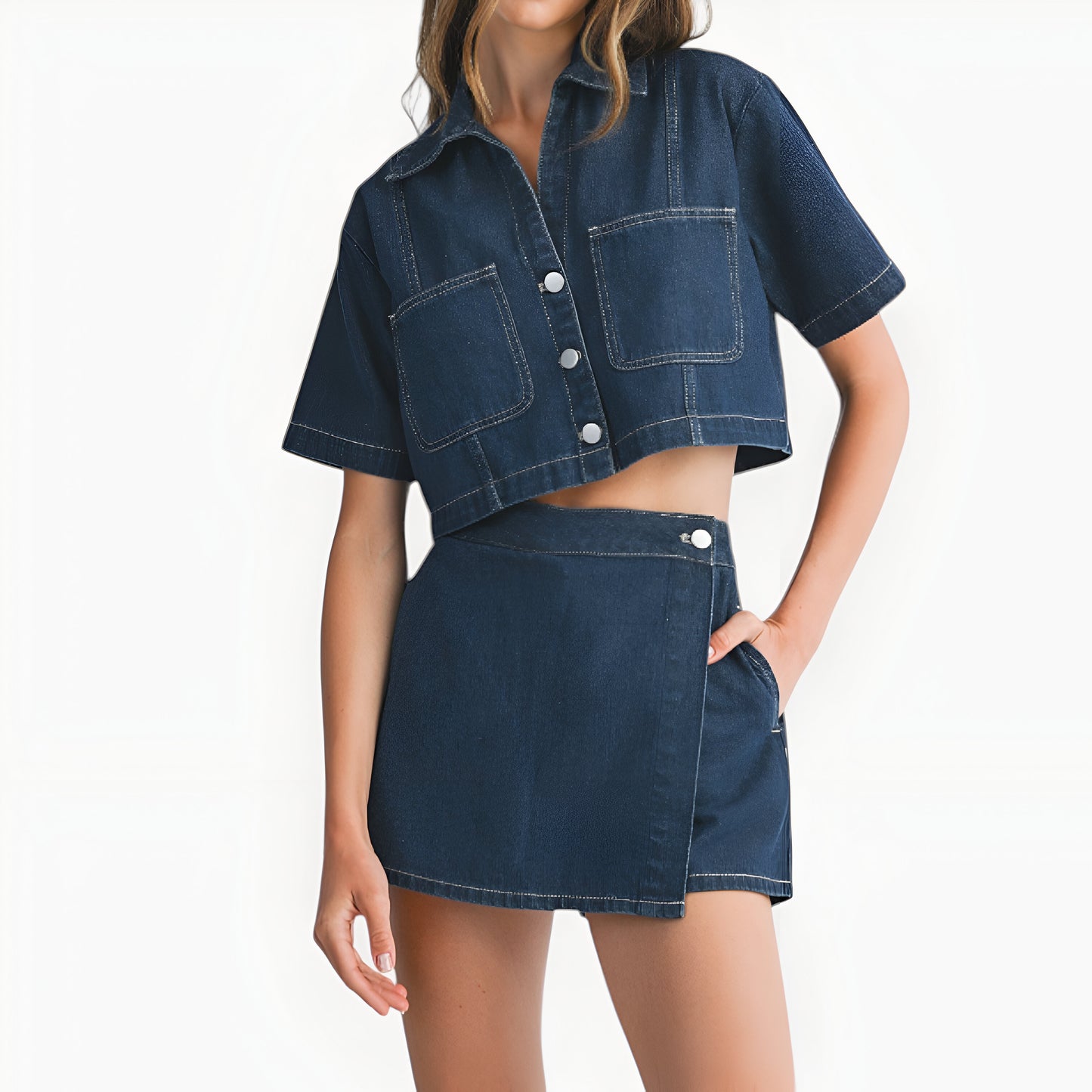 Denim Crop Shirt and Wrap Mini Skort Set with Front Patch Pockets
