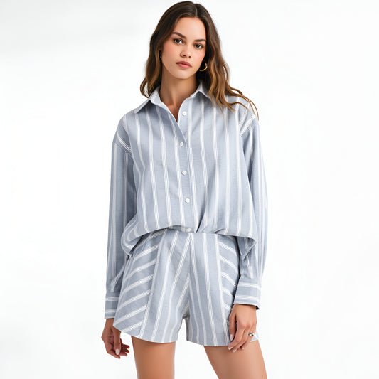 Striped Button-Up Shirt and High-Waist Shorts Set with Relaxed Fit