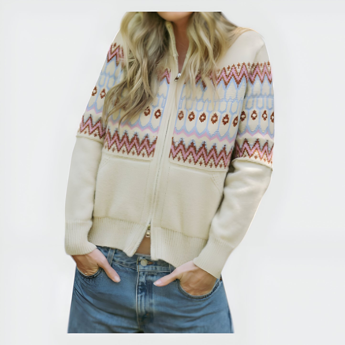 Fair Isle Zip Cardigan with Ribbed Trim and Front Patch Pocket