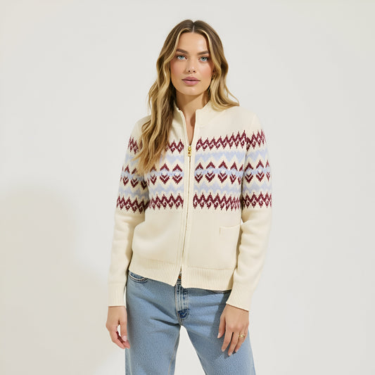 Fair Isle Zip Cardigan with Ribbed Trim and Front Patch Pocket