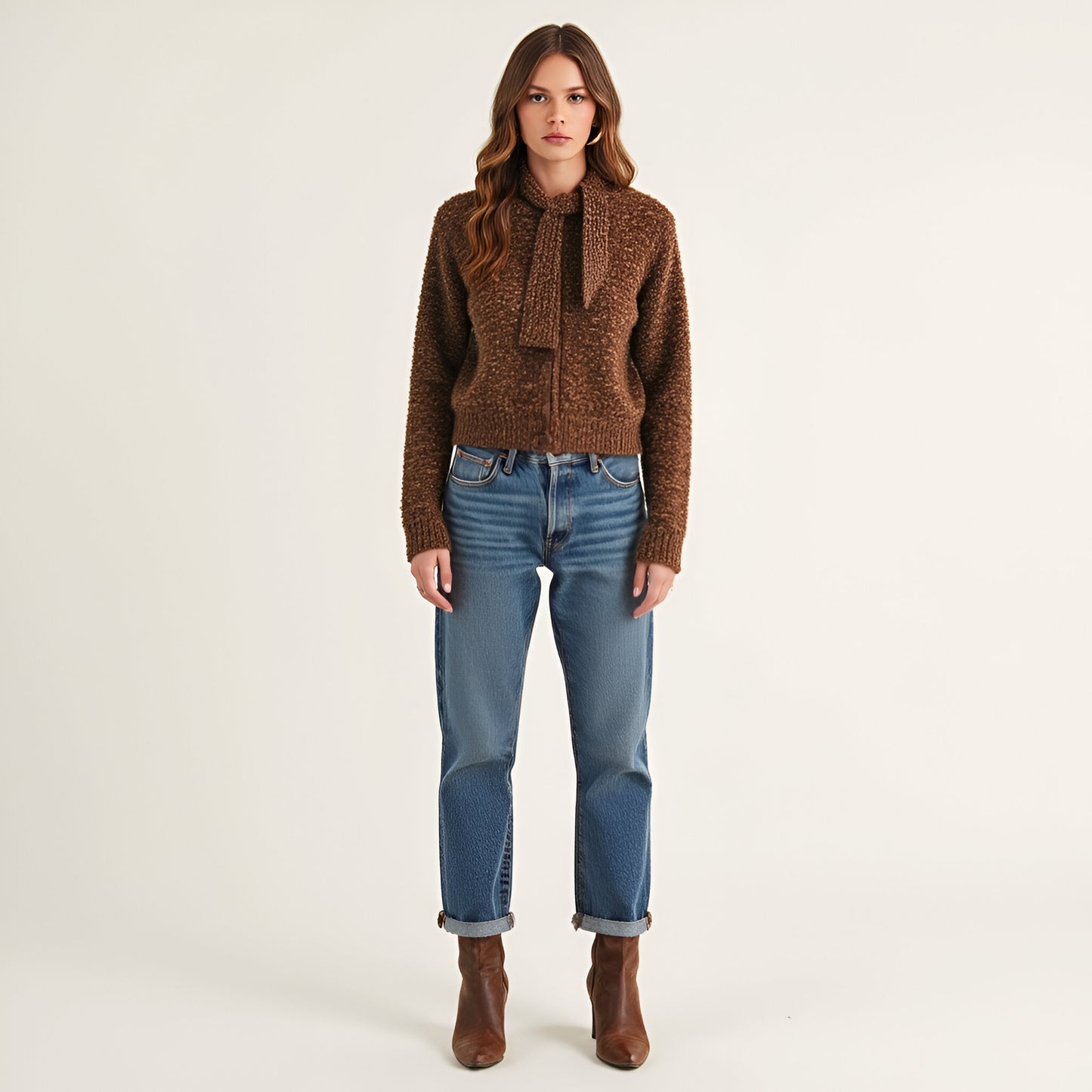 Textured Knit Button-Up Cardigan with Tie Neck Detail