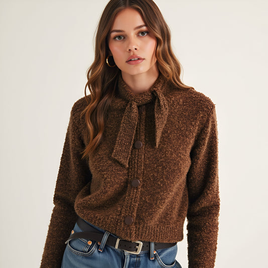 Textured Knit Button-Up Cardigan with Tie Neck Detail