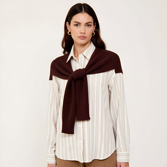 Striped Button-Up Twofer Shirt with Attached Sweater Detail